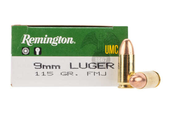Remington UMC 9mm target ammo with 115gr FMJ bullets, box of 50-rounds.